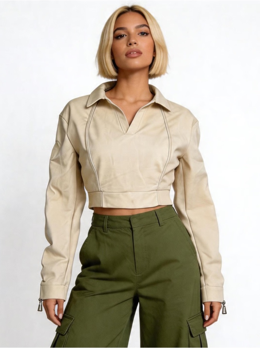 MANIERE DE VOIR | Cropped Cream Collared Faux Leather Long Sleeve Crop Top Sz 8